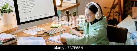 Teenager deeply focused on studying using a desktop computer and wearing earphones while sitting at a wooden desk filled with notes and stationery Stock Photo