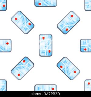 Seamless pattern of smartphone displaying map with gps tracking location, navigation app Stock Vector