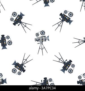 Vintage movie camera capturing seamless pattern on white background Stock Vector