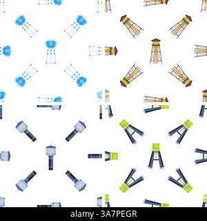 Water tower seamless pattern showing different types of water towers rotating and repeating on white background Stock Vector