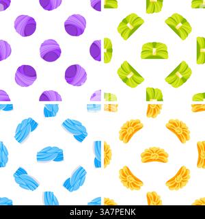 Colorful wool yarn balls and folded knitwear seamless pattern set Stock Vector