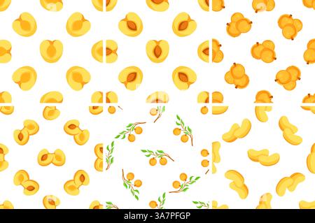 Set of seamless patterns with ripe juicy apricots, whole, halved and sliced with leaves on branches Stock Vector