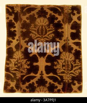 An intricate textile design featuring floral and ornamental motifs, showcasing a blend of elegant patterns that create a rich, decorative appearance. The harmonious arrangement emphasizes artistry and craftsmanship, making it a visually captivating piece., Classic art with a modern twist reimagined by Artotop, Fragment, 1475/1525, Italy, Silk, cut, and voided velvet against satin weave foundation Stock Photo
