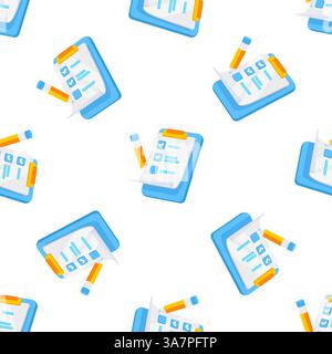 Seamless pattern of clipboard and pencil completing checklist on white background Stock Vector