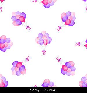 Seamless pattern with pink and purple balloons tied with ribbons floating on white background Stock Vector