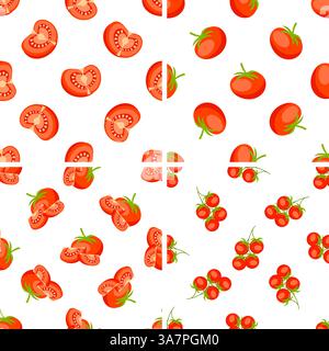 Seamless pattern with ripe red tomatoes, halves and slices of tomatoes and cherry tomatoes on the vine on white background Stock Vector