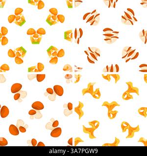 Seamless pattern with different edible mushrooms growing on grass and cut in half on white background Stock Vector