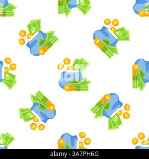 Blue Wallet Overflowing with Cash and Coins Seamless Pattern on White Background Stock Vector
