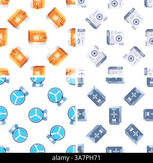 Seamless pattern with isometric bank vault door and safe box protecting money and valuables Stock Vector