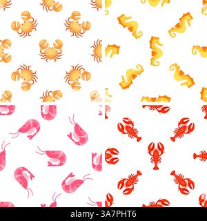 Seamless patterns with sea animals including crab, shrimp, lobster and seahorse Stock Vector