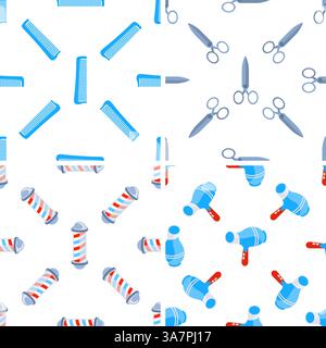Seamless pattern with barber tools showing combs, scissors, hairdryer and barber poles Stock Vector