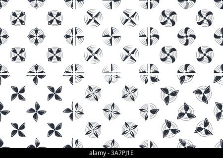 Seamless pattern with rotating propellers and wind turbines generating renewable energy Stock Vector