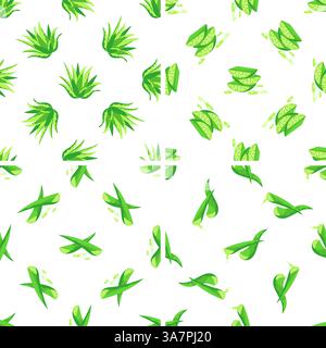 Seamless pattern of aloe vera plant and slices dripping with juice on white background Stock Vector