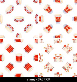 Set of seamless patterns with red drums, tom toms and drum kits, repeating percussion instruments on white background Stock Vector