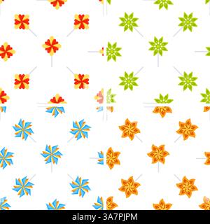 Colorful pinwheels and flowers seamless pattern collection on white background Stock Vector