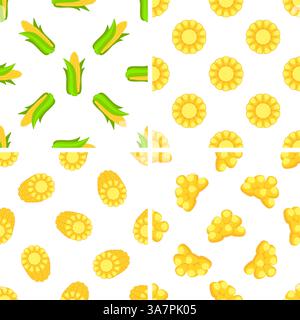 Seamless pattern showing corn cobs, slices and kernels on white background Stock Vector