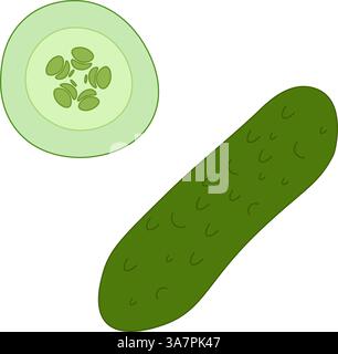 Cucumber whole and cut icon vector. Flat illustration of ripe green cucumber. Healthy eating, organic gardening concepts. For logo, web, package, stic Stock Vector