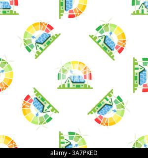 Eco friendly house using renewable energy showing high energy efficiency rating on colorful chart Stock Vector