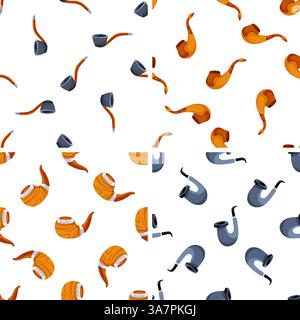 Smoking pipe pattern showing different wooden and gray pipes rotating on white background Stock Vector