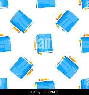 Seamless pattern of blue books with bookmarks and pencils, symbolizing learning and education Stock Vector