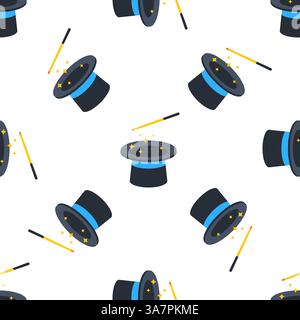 Magic wand making sparks over magician top hat seamless pattern Stock Vector