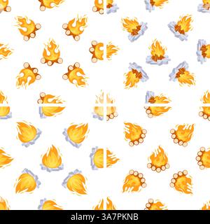 Seamless pattern with burning bonfire made of logs and stones burning bonfire Stock Vector