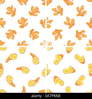 Turmeric roots and slices seamless pattern showing healthy spice for cooking and alternative medicine Stock Vector