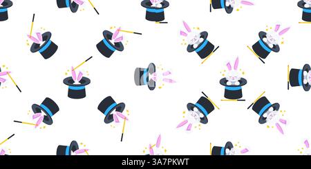 White rabbit appearing from magician top hat seamless pattern Stock Vector