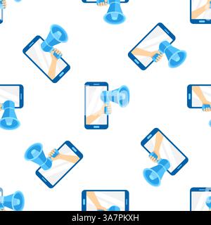 Hand holding megaphone appearing from smartphone screen promoting advertising campaign Stock Vector