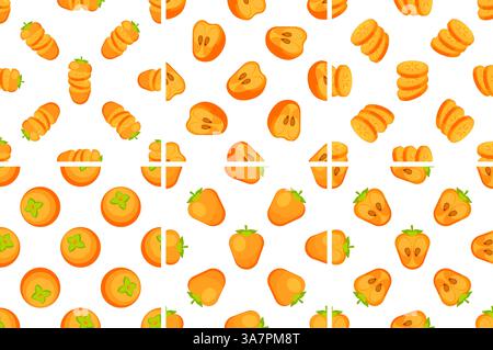 Persimmon fruit pattern showing whole, sliced and halved orange persimmons on white background Stock Vector