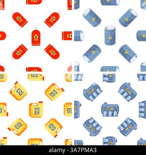 Seamless pattern with radioactive and biohazard materials like gas cylinder, barrel, canister and lead container Stock Vector