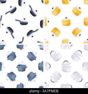 Seamless pattern with cooking pots and frying pans showing kitchenware for food preparation Stock Vector