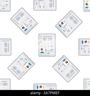 Seamless pattern with biometric passport open on personal data page showing identity document with photo, name and personal information Stock Vector