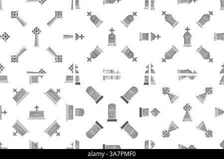 Seamless pattern of gravestones and crosses depicting various states of disrepair and dilapidation Stock Vector