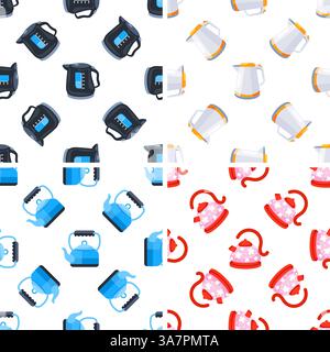 Seamless pattern with electric and classic kettles showing different colors and models Stock Vector