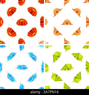 Camping tent seamless pattern showing red, blue and green tents for tourism and outdoor recreation Stock Vector