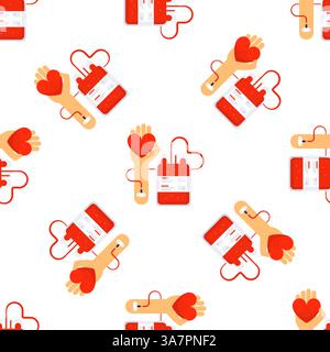 Blood donation seamless pattern with arms holding hearts and blood bags Stock Vector