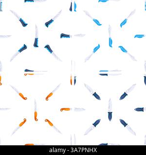 Seamless pattern with fishing and fillet knives rotating on white background Stock Vector