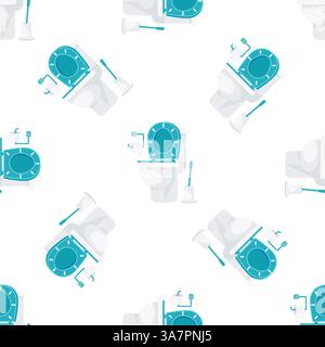Seamless pattern with toilet bowl, toilet paper and toilet brush on white background Stock Vector