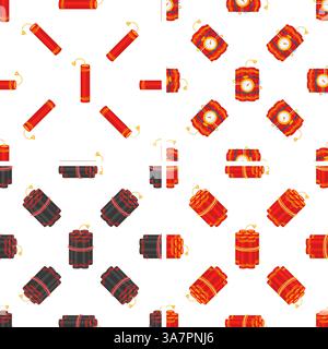 Dynamite and tnt explosives creating seamless pattern on white background Stock Vector