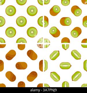Seamless kiwi pattern showing whole, sliced and halved kiwis on white background Stock Vector