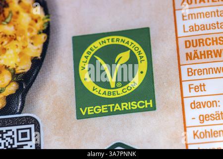 Ecolabel on food packaging, printed on the packaging. V-Label International, vegetarian. Baden-Wuerttemberg, Germany, Europe Stock Photo
