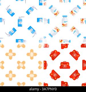 Seamless pattern with medical supplies showing nasal spray, pills, band aids and first aid kit Stock Vector