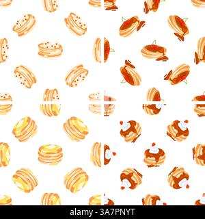 Delicious pancakes seamless pattern with different toppings repeating on white background Stock Vector
