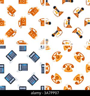 Seamless pattern showcasing various communication devices including vintage telephones and modern office phones Stock Vector