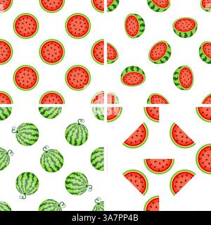 Four summer seamless patterns with whole, sliced and halved watermelons on white background Stock Vector