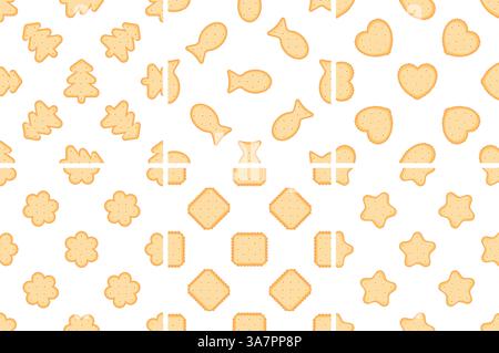 Delicious crackers forming various seamless patterns on white background Stock Vector