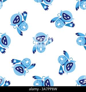 Cute blue robots waving seamless pattern on white background Stock Vector