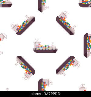 Cargo ship carrying colorful containers sailing on white background seamless pattern Stock Vector
