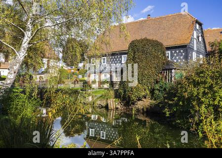 Half-timbered house in Obercunnersdorf, Oberlausitzer Bergland, Saxony, Germany, Europe Stock Photo
